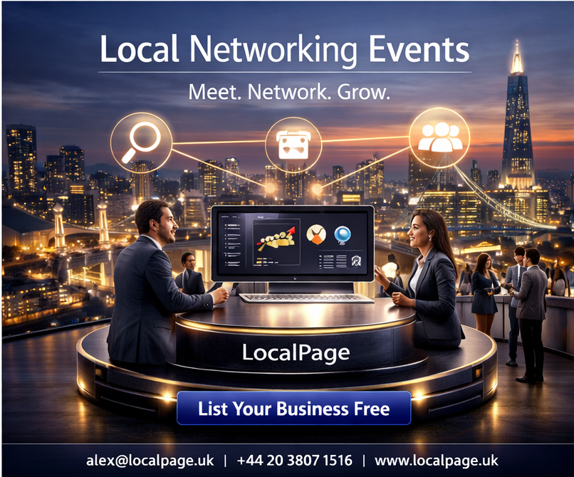 Premium 3D minimalist London cityscape at dawn with glowing connection lines and smiling owner, representing high ROI multi-city lead generation and automated local business networking on LocalPage.