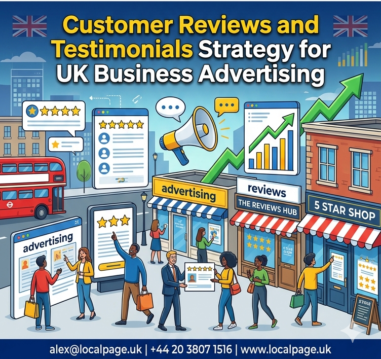 Bold vibrant social banner for UK businesses with the title Customer Reviews and Testimonials Strategy for UK Business Advertising featuring a lively high street and shopper interaction.