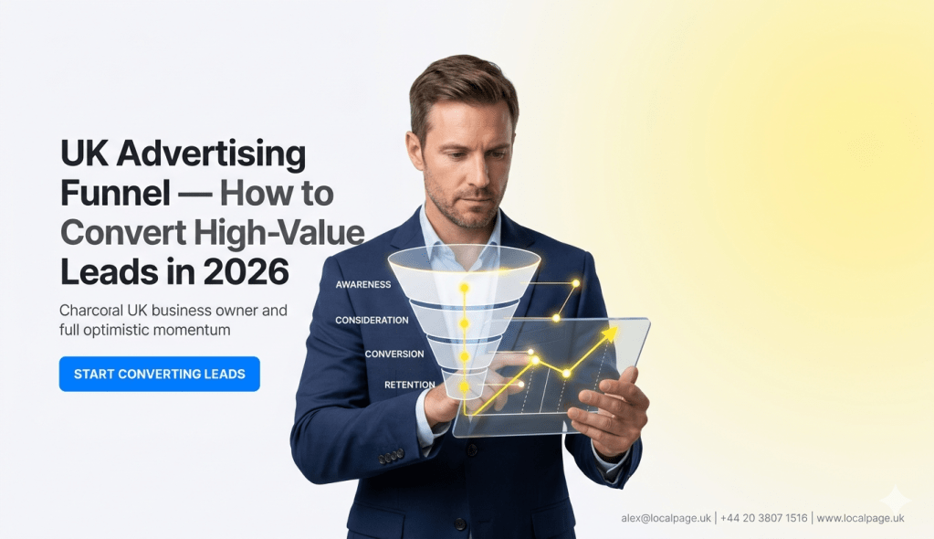 Hero image showing UK advertising funnel with glowing yellow network lines, coins, and blue CTA button.